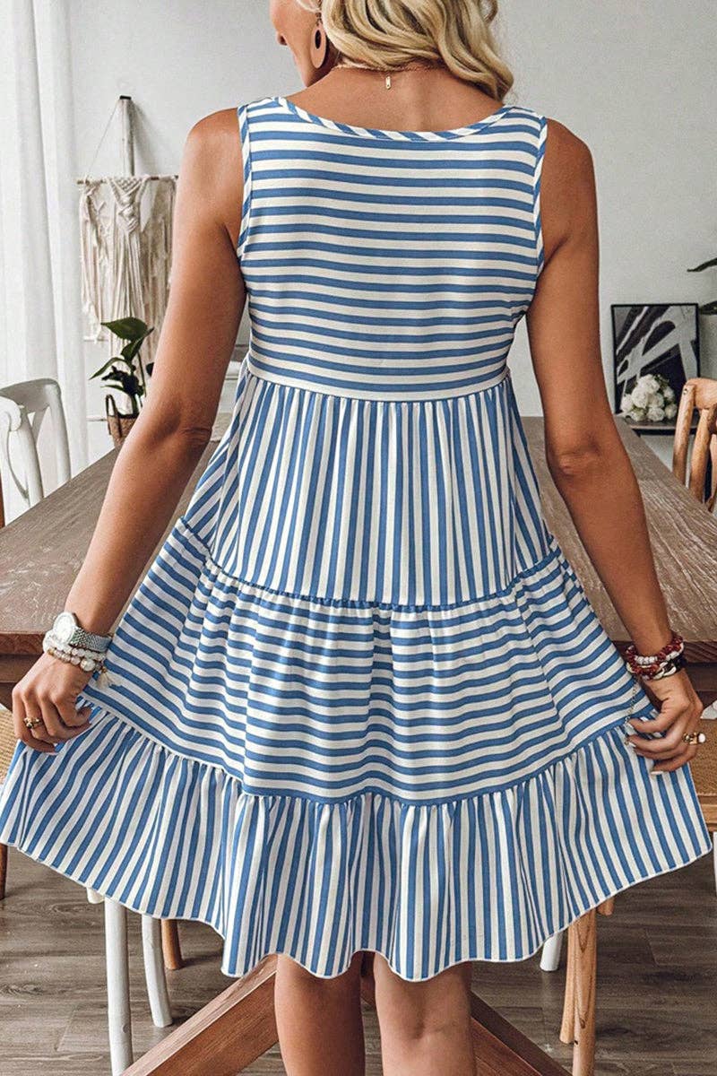 Blue Striped Sleeveless Tiered Casual Dress