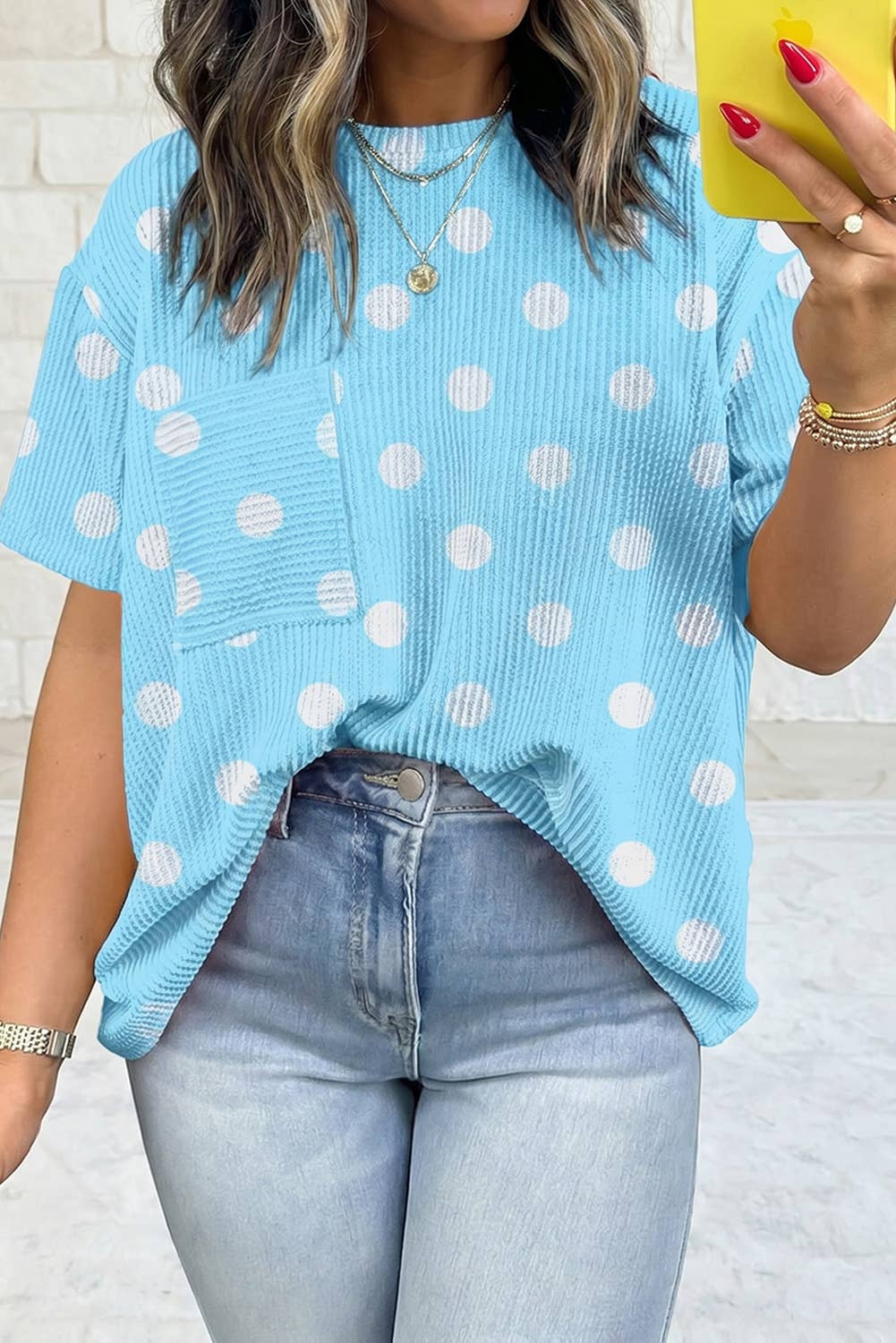 Texture Raised Rib Polka Dot Oversize Tee Shirt S-4X: Pink / XL