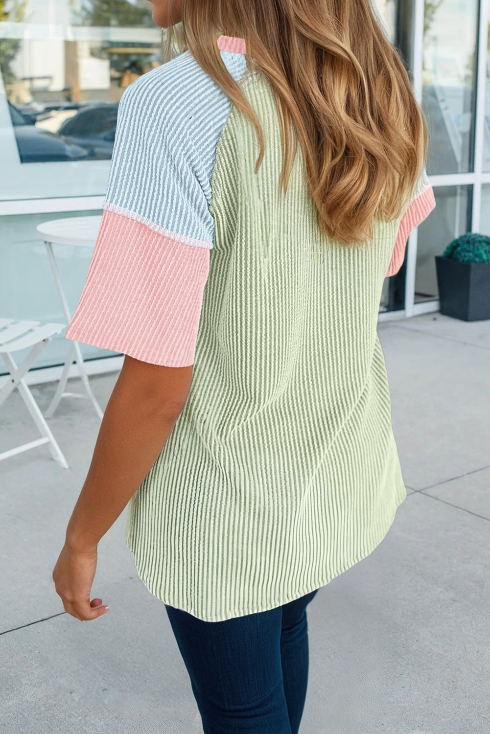 66 Color Block V Neck Ribbed Knit Short Sleeve Top (S-XL): Blue / XL