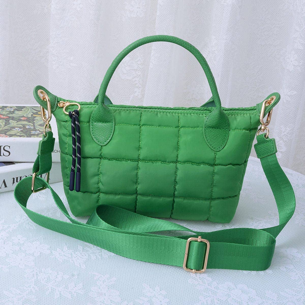 QP782 Quilted Puffer Satchel/Crossbody Bag: Kelly Green