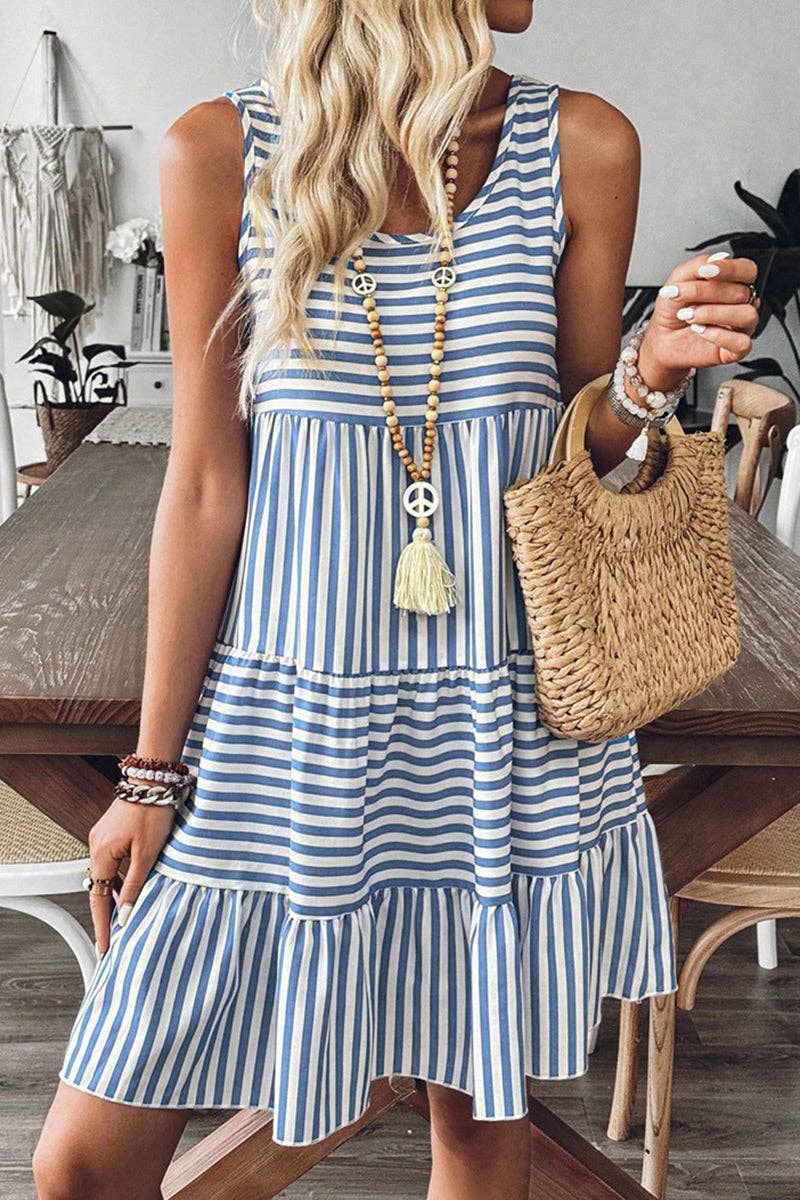 Blue Striped Sleeveless Tiered Casual Dress