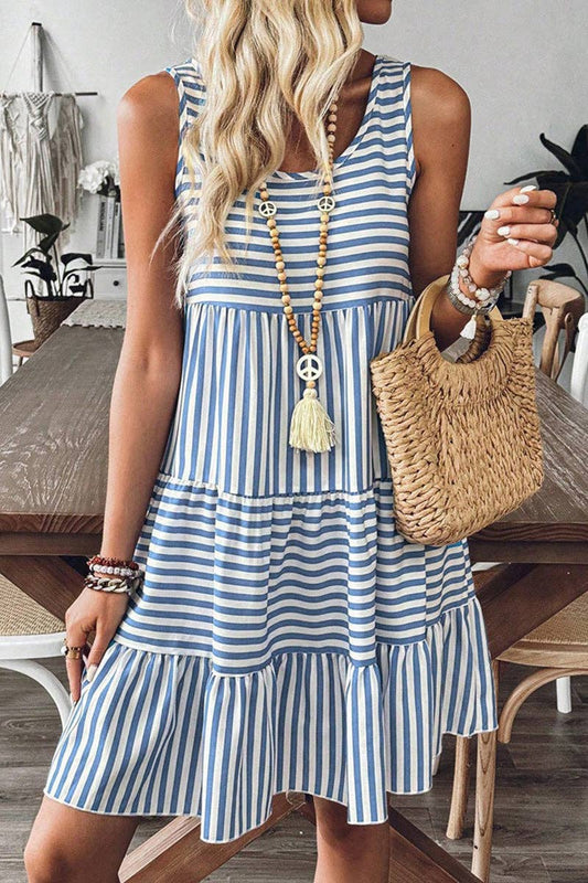 Blue Striped Sleeveless Tiered Casual Dress