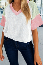 66 Color Block V Neck Ribbed Knit Short Sleeve Top (S-XL): Blue / S