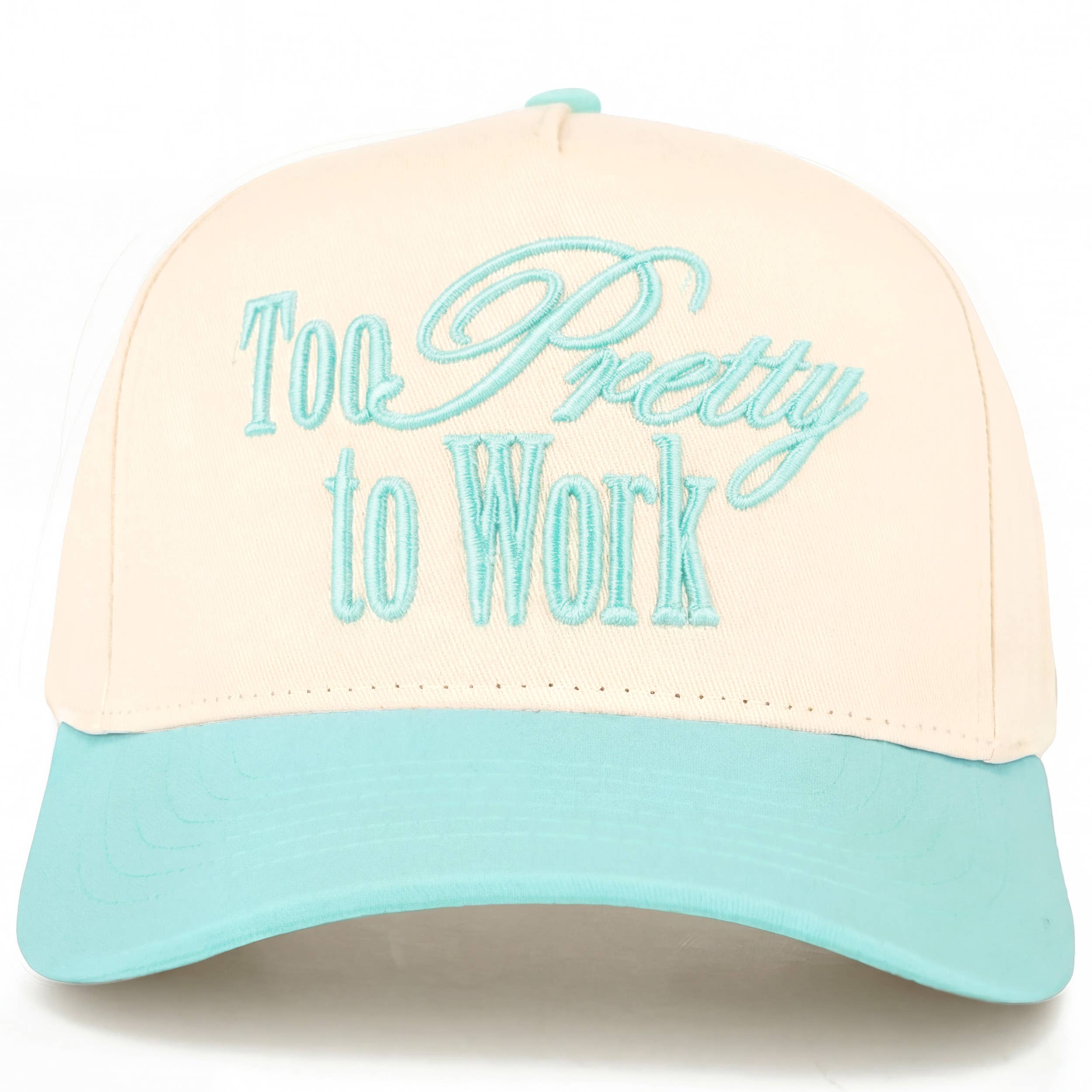 C.C TOO PRETTY TO WORK Letter on Two Tone Trucker Hat: Mint