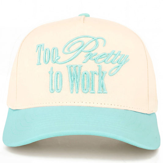 C.C TOO PRETTY TO WORK Letter on Two Tone Trucker Hat: Mint