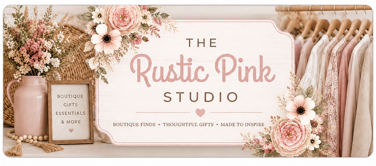 A rectangular boutique gift set or box featuring a floral and clothing-themed design. The front displays the text 'THE Rustic Pink STUDIO' in rose gold lettering on a light pink background, surrounded by pink and white flowers, a pink pitcher, and a clothing rack with blush-colored garments.
