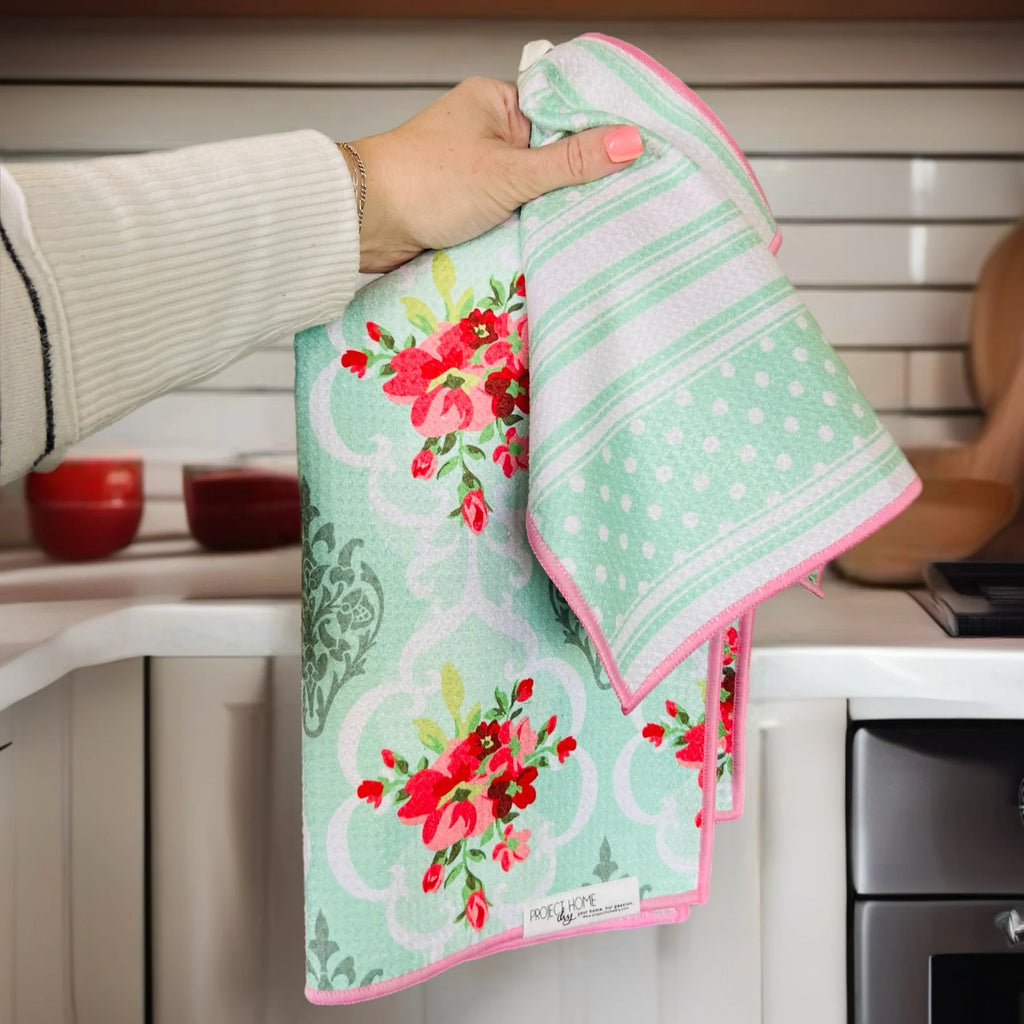 Mint Stripe/Vintage Floral |  Waffle Weave Microfiber Towels Kitchen & Bath:  Dish/Hand Towel