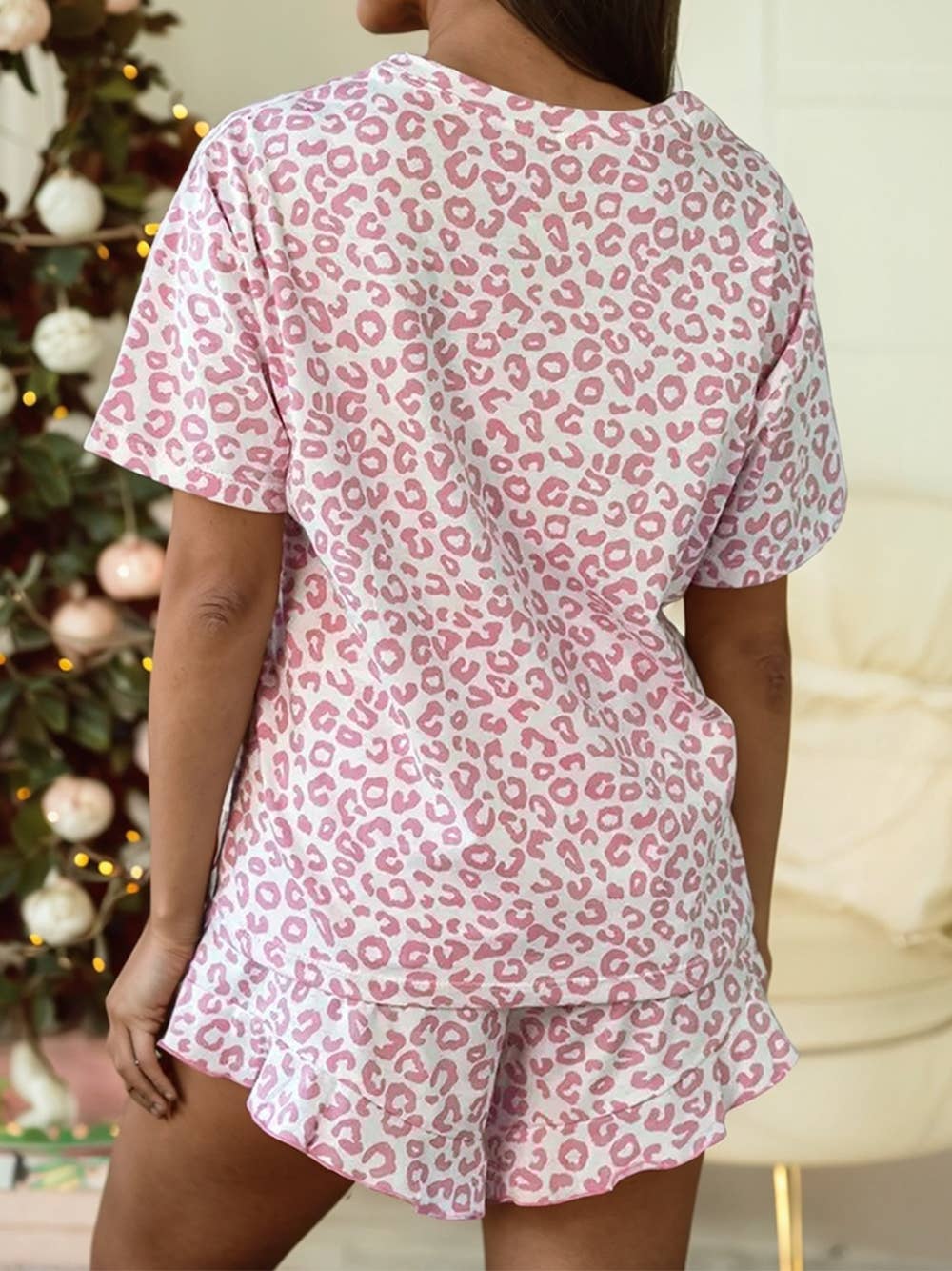 Leopard Crew Neck Tee and Ruffled Shorts 2 pcs Lounge Set: Pink / L