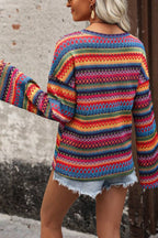 Red Multi Boho Multicolor Geometric Knit Bell Sleeve Top