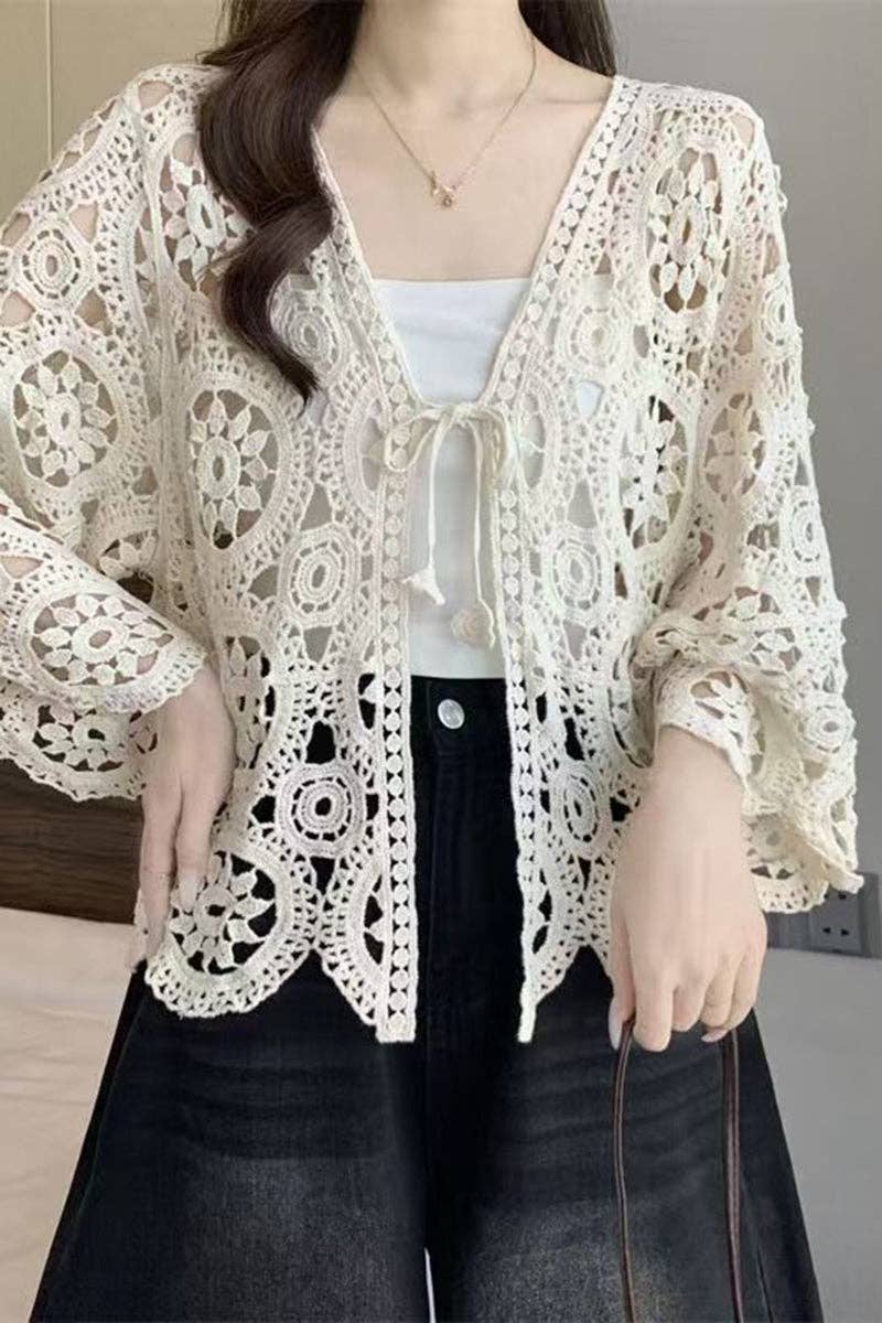Crochet Open-Front Cardigan: BEIGE / One Size