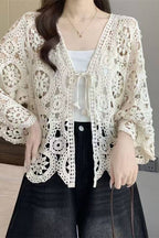 Crochet Open-Front Cardigan: BEIGE / One Size