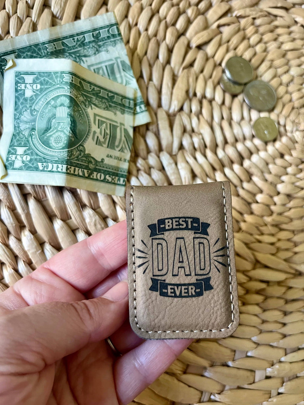 Men's Gift Father's day Gift Leatherette Money Clip: Gray w/ Black Text