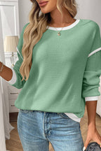 Green Colorblock Crewneck Knit Look Long Sleeve Pullover Top