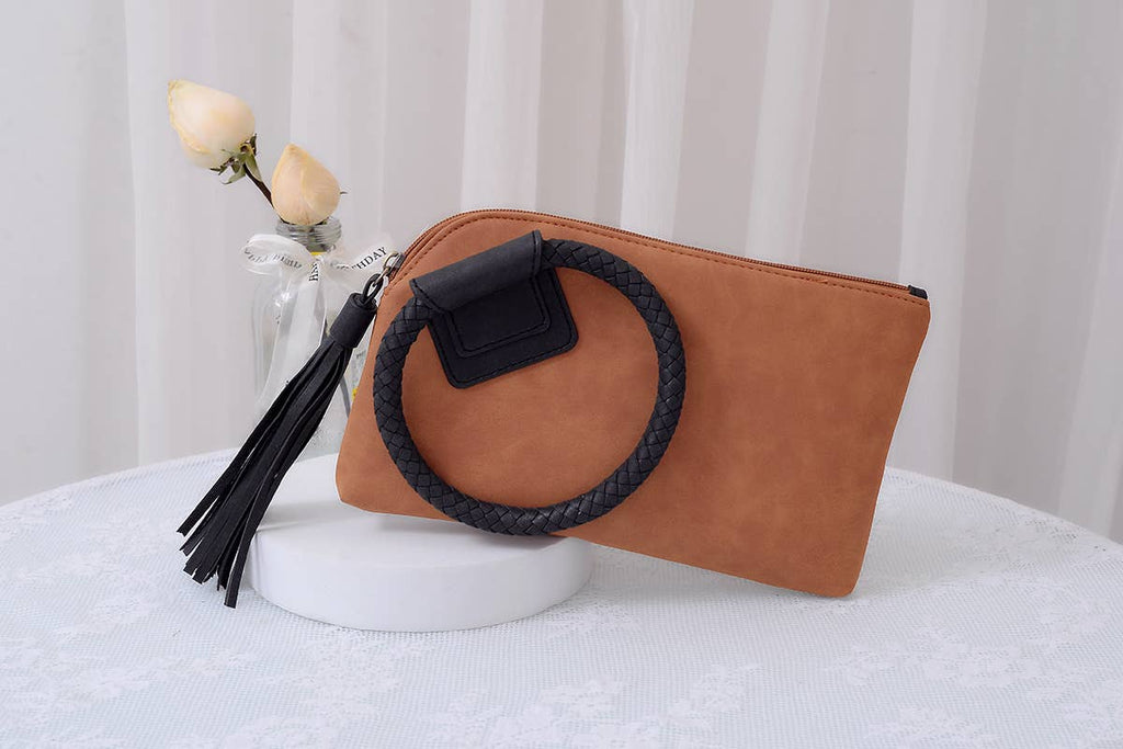 BP204 Fashion Cuff Handle Tassel Wristlet Clutch: Tan