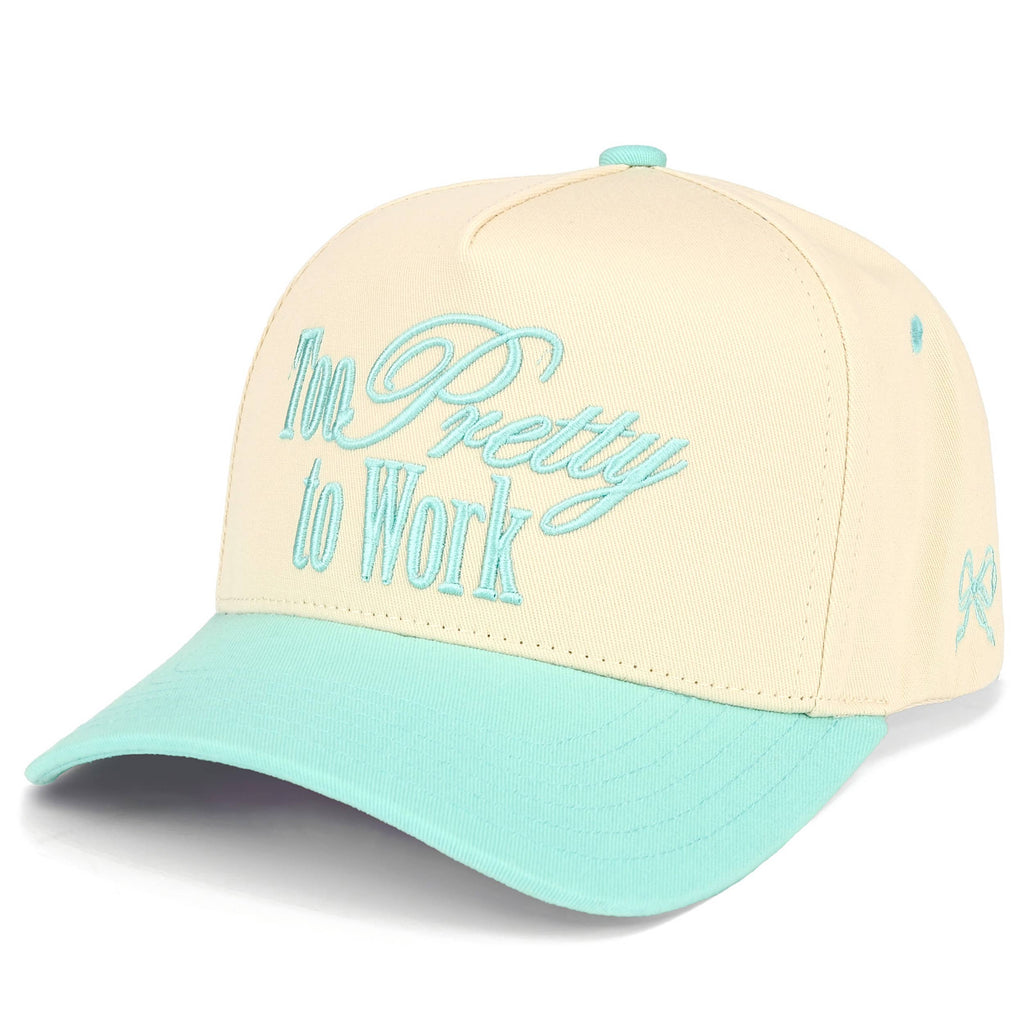 C.C TOO PRETTY TO WORK Letter on Two Tone Trucker Hat: Mint