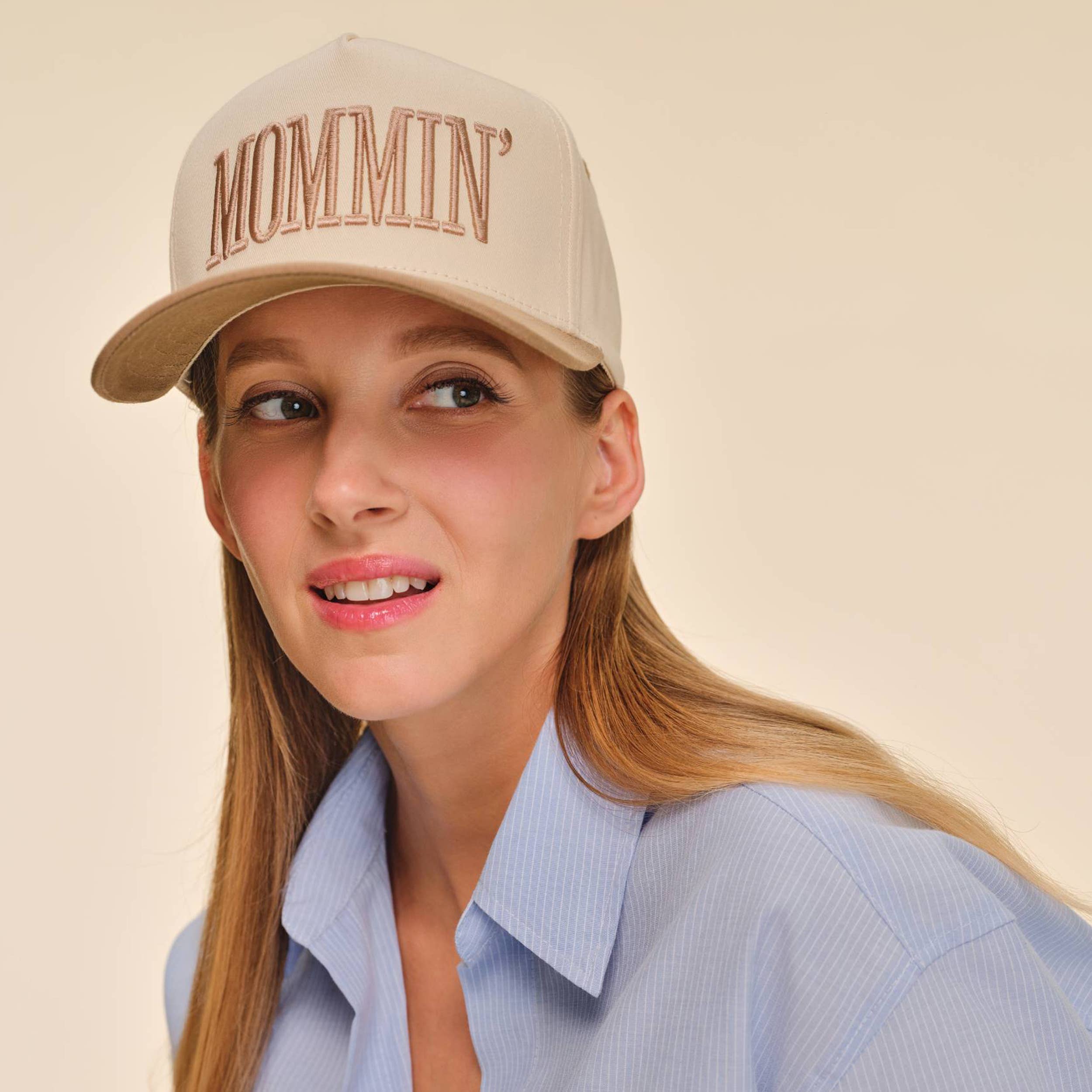 C.C MOMMIN Letter Two Tone Trucker Cap: Beige