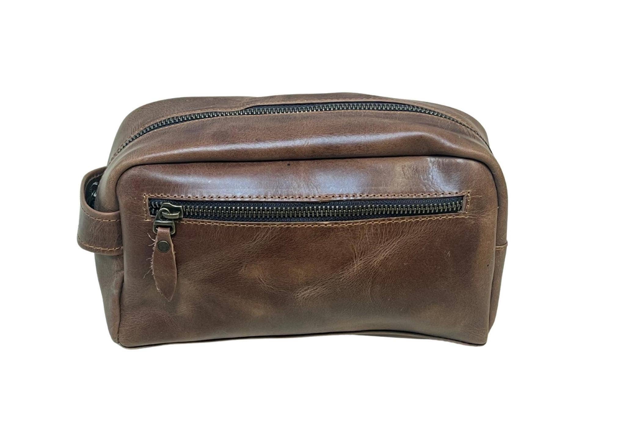 Premium Leather Men's Toiletry Dopp Kit Travel Bag