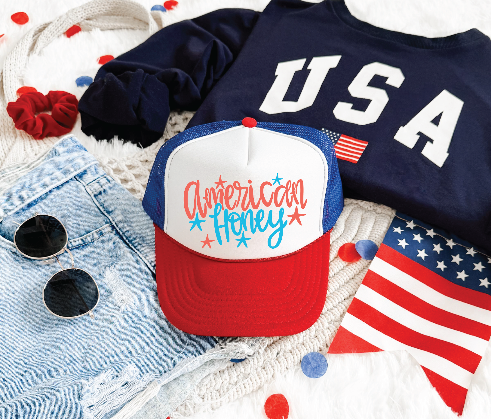 American Honey DTF Printed Red White And Blue Trucker Hat