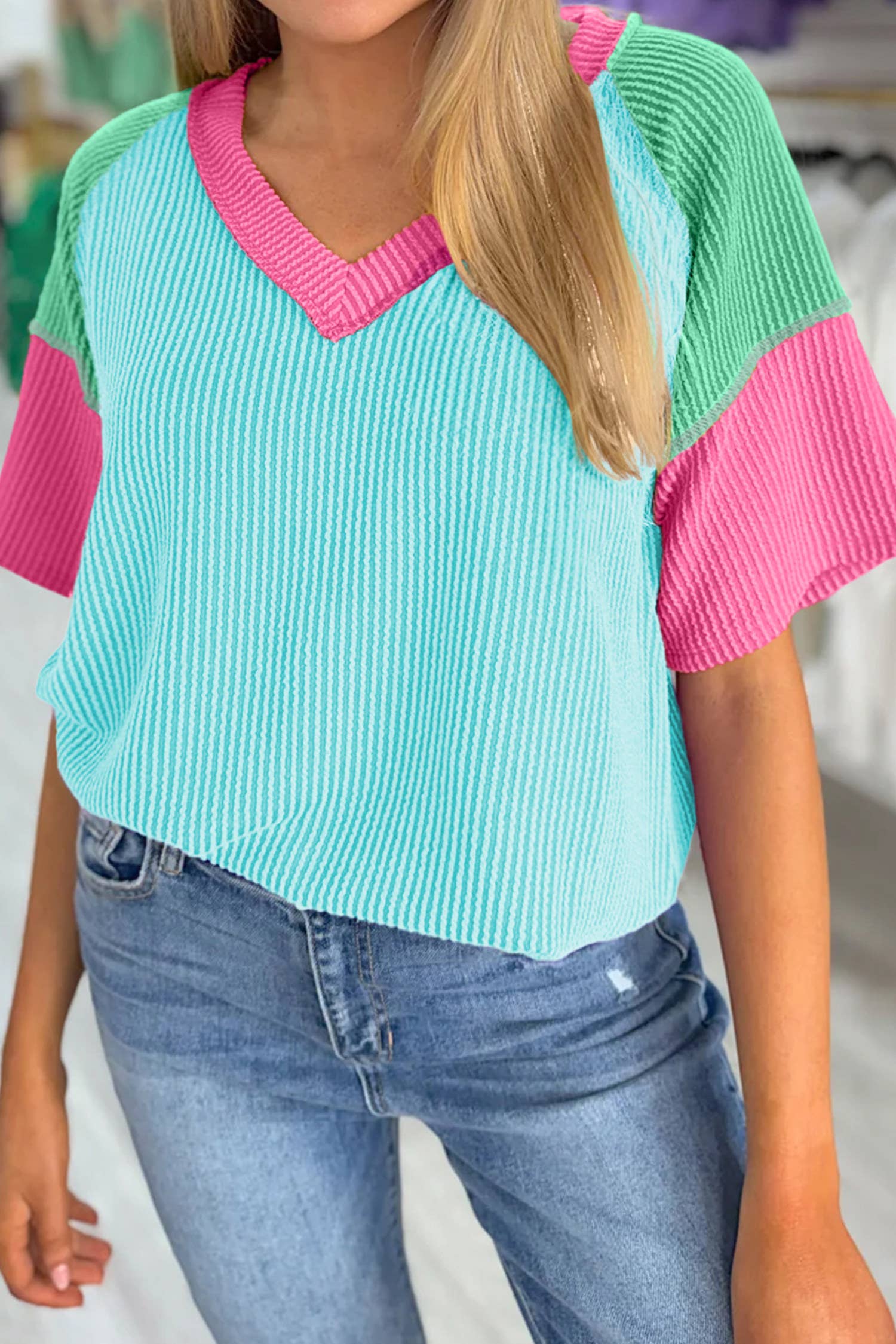 66 Color Block V Neck Ribbed Knit Short Sleeve Top (S-XL): Blue / S