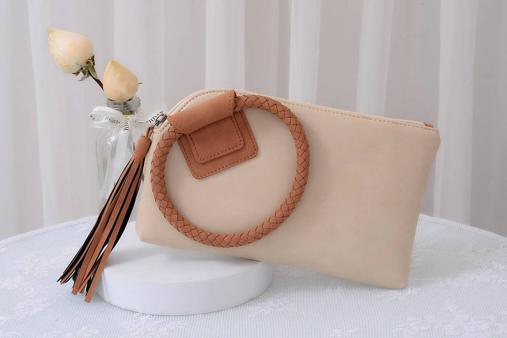 BP204 Fashion Cuff Handle Tassel Wristlet Clutch: Tan