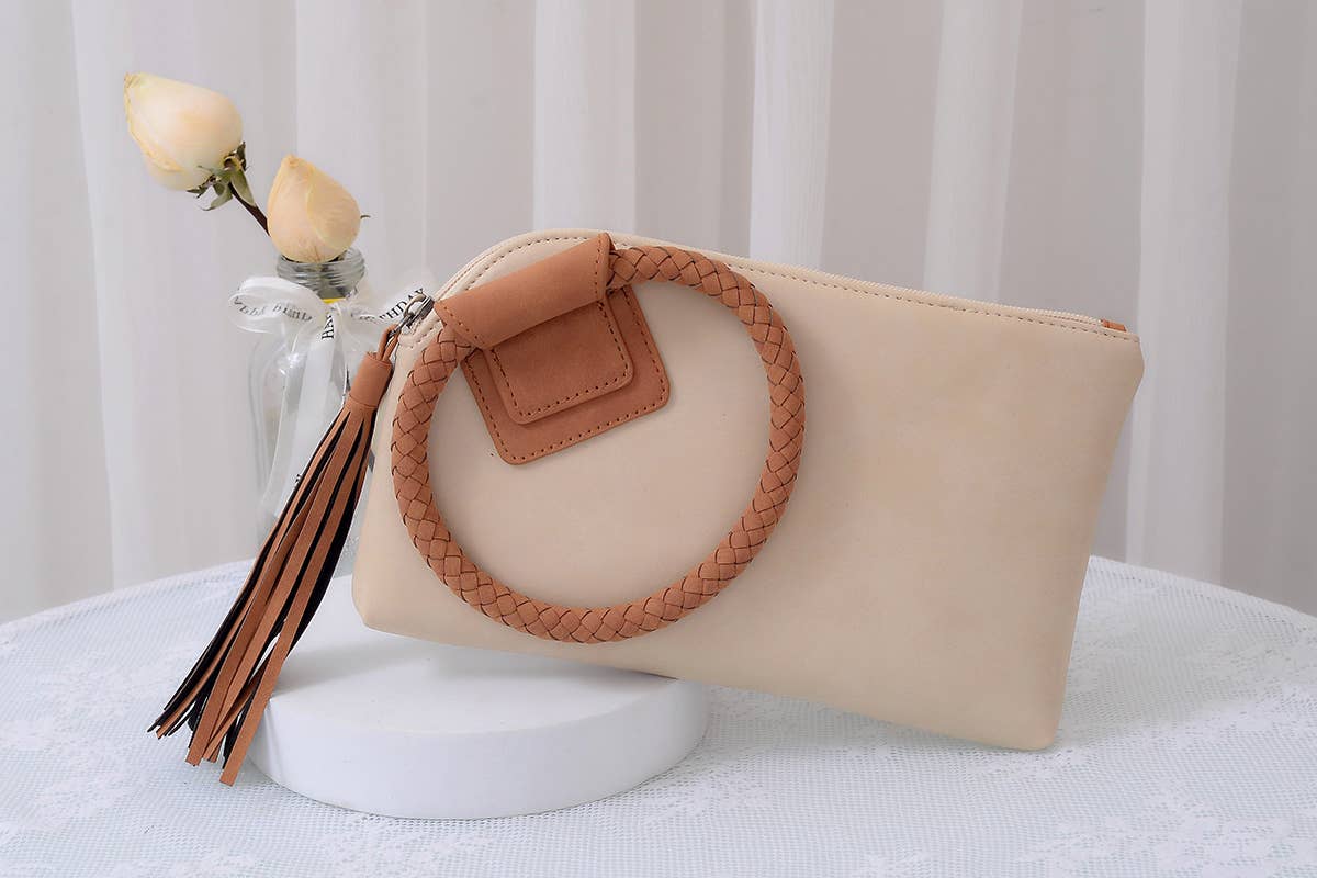 BP204 Fashion Cuff Handle Tassel Wristlet Clutch: Tan