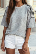 Striped Patchwork Detail Raw Edge Oversize Tee: Light Grey / XL