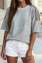Striped Patchwork Detail Raw Edge Oversize Tee: Light Grey / M