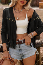 Brown Fringe Studded Sleeveless Open Jacket