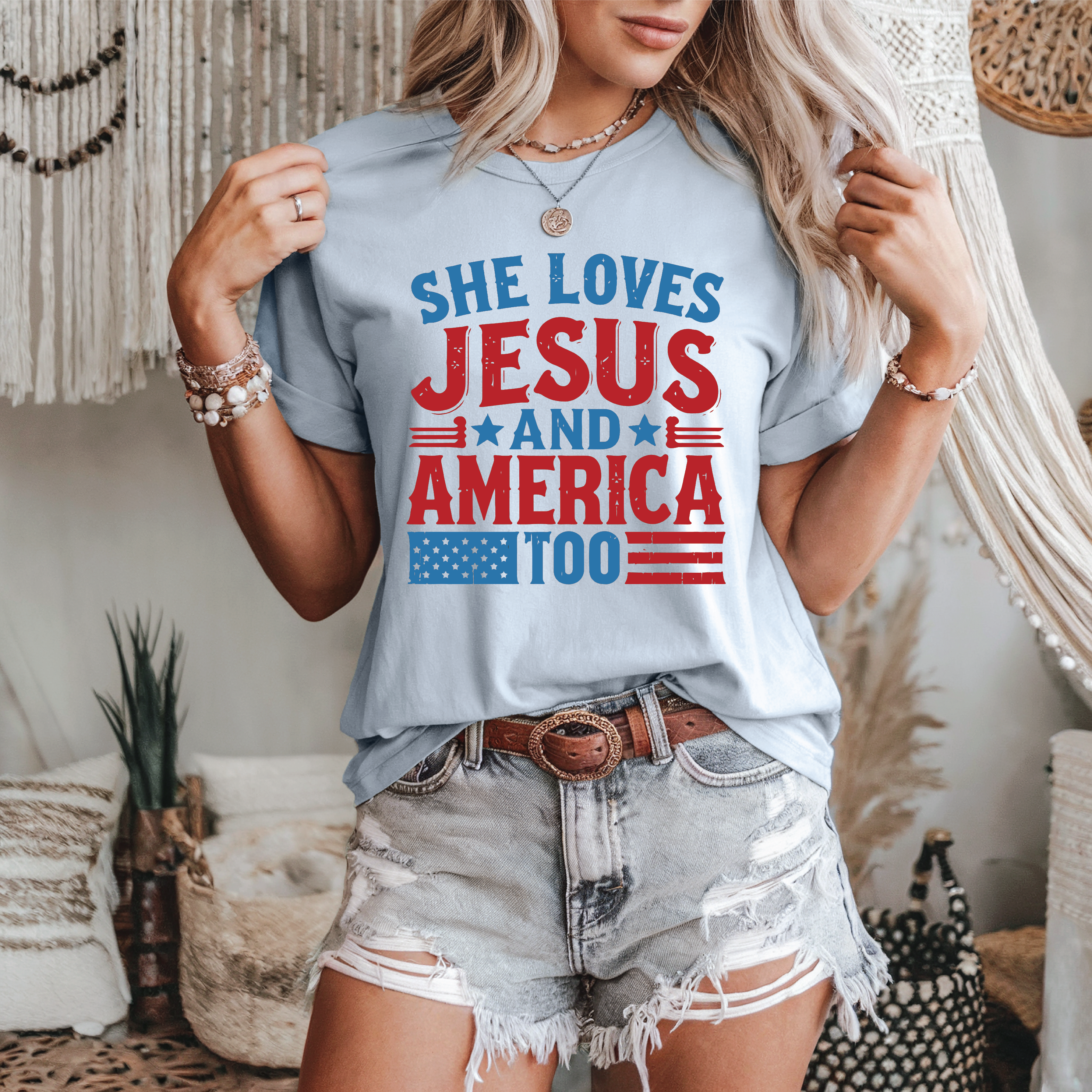 She Loves Jesus and America Too Patriotic Tee: Medium Gildan Softstyle Tee