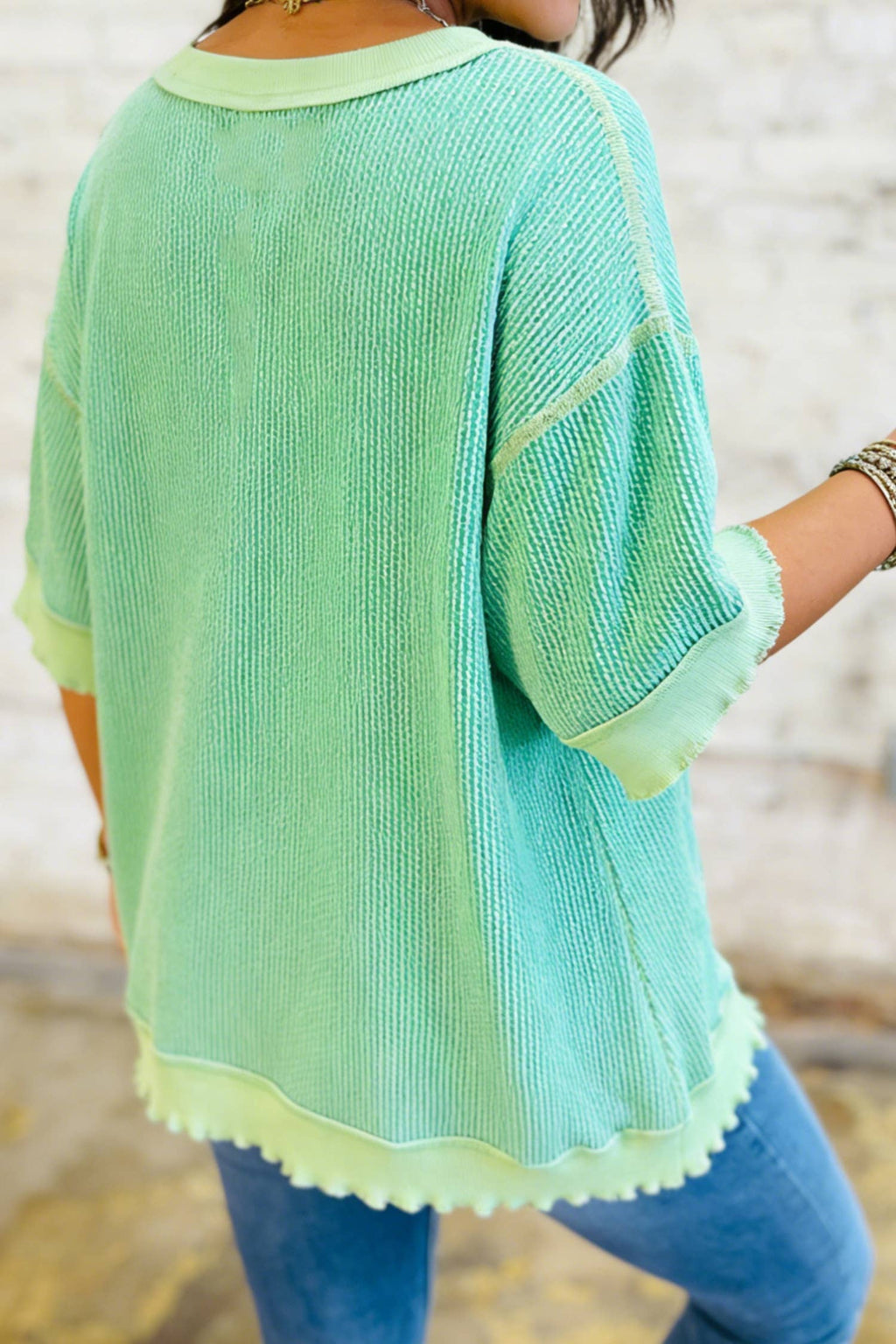 66 Sweetheart Hot Pink Lucky Distressed Knit Top (S-XL): Short Sleeve-Green / L