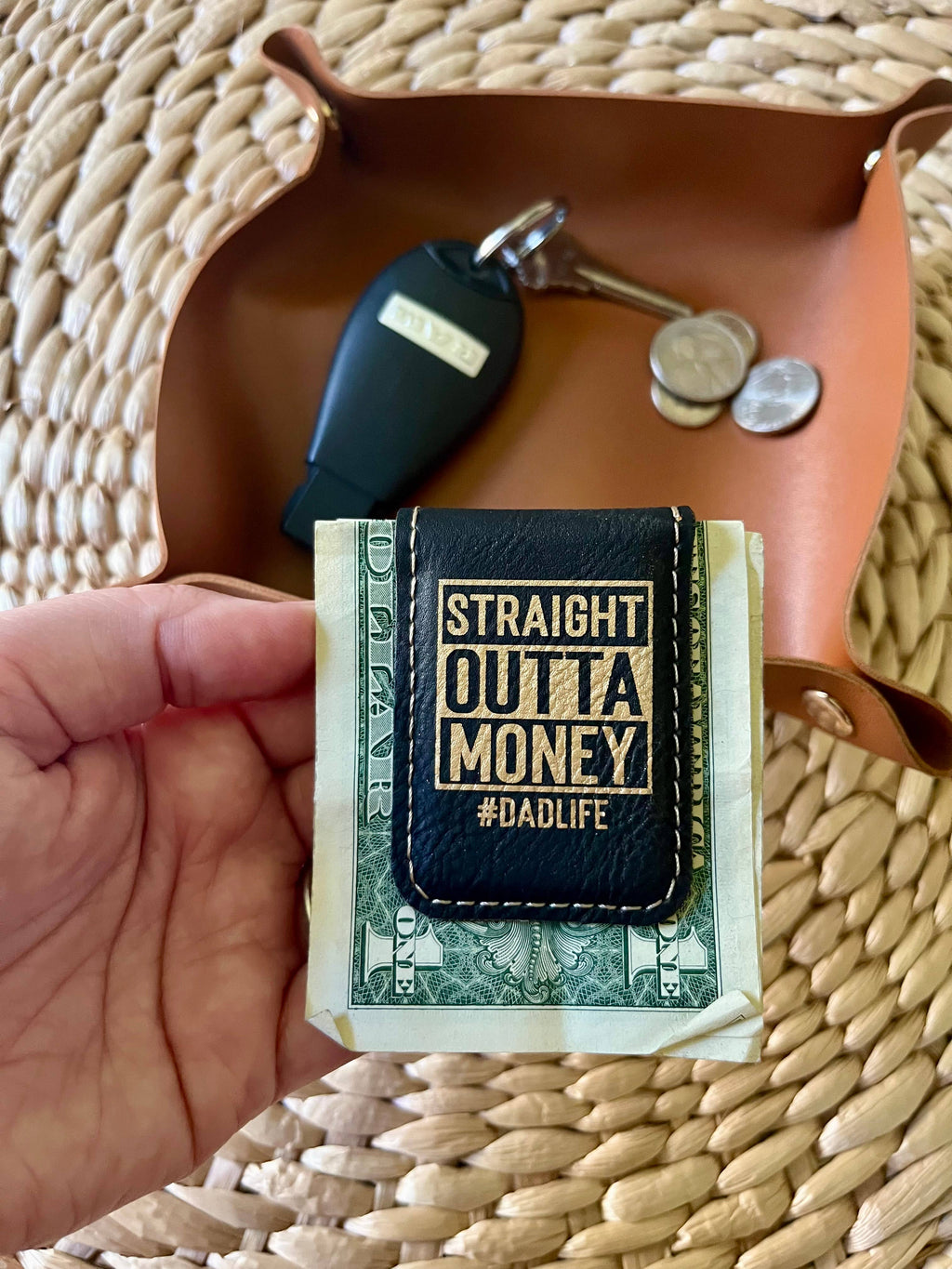 Men's Gift Father's day Gift Leatherette Money Clip: Brown w/ Black Text