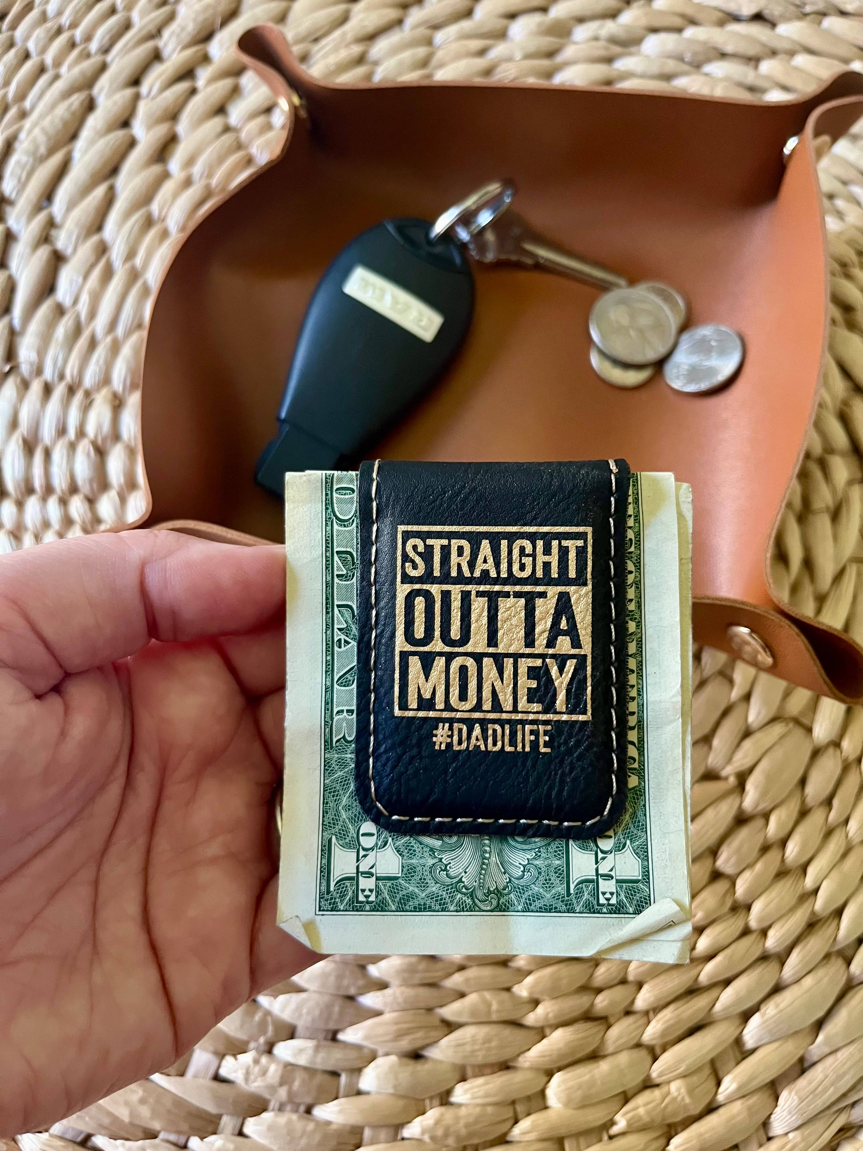 Men's Gift Father's day Gift Leatherette Money Clip: Brown w/ Black Text