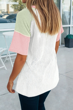 66 Color Block V Neck Ribbed Knit Short Sleeve Top (S-XL): Blue / L