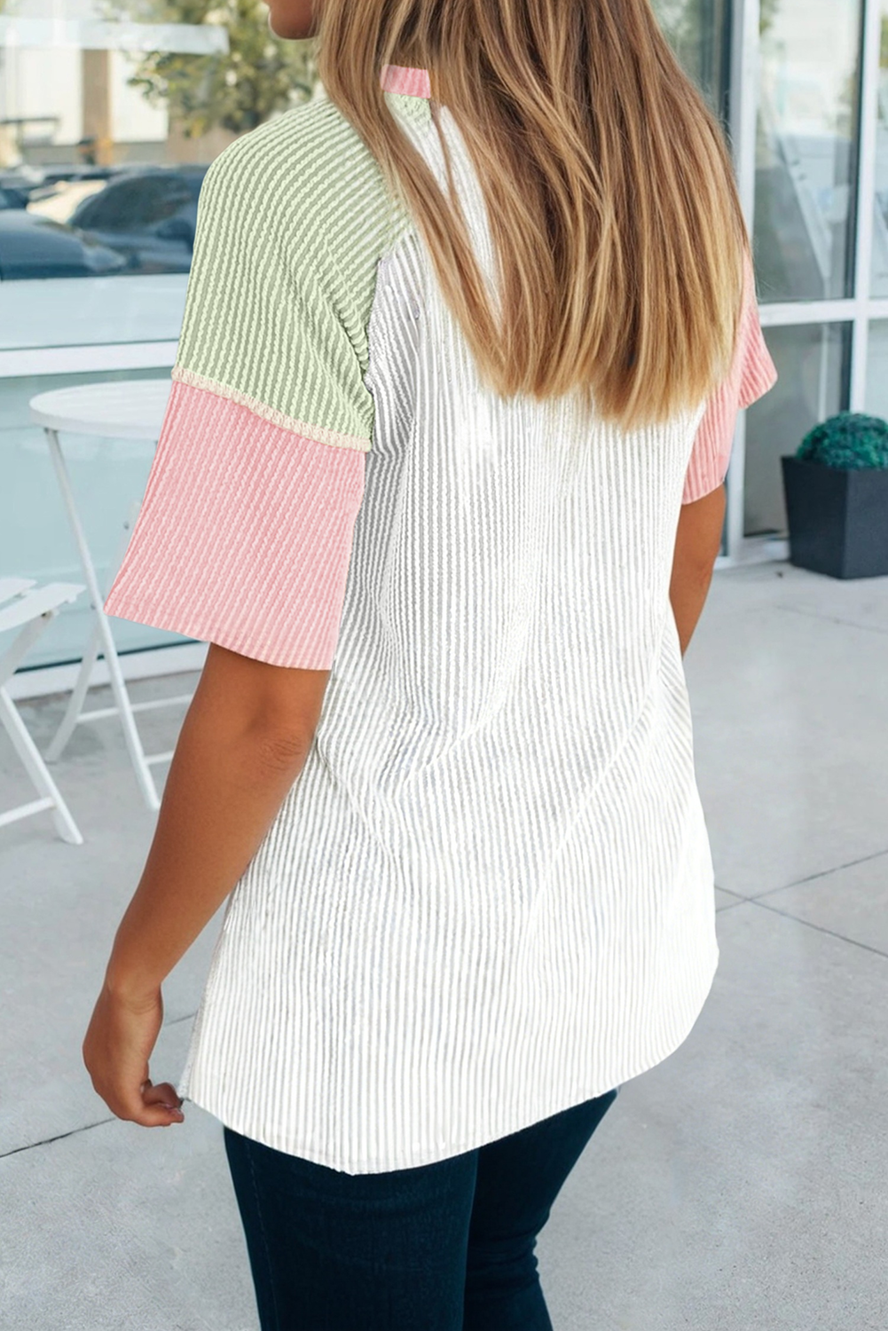 66 Color Block V Neck Ribbed Knit Short Sleeve Top (S-XL): Blue / L