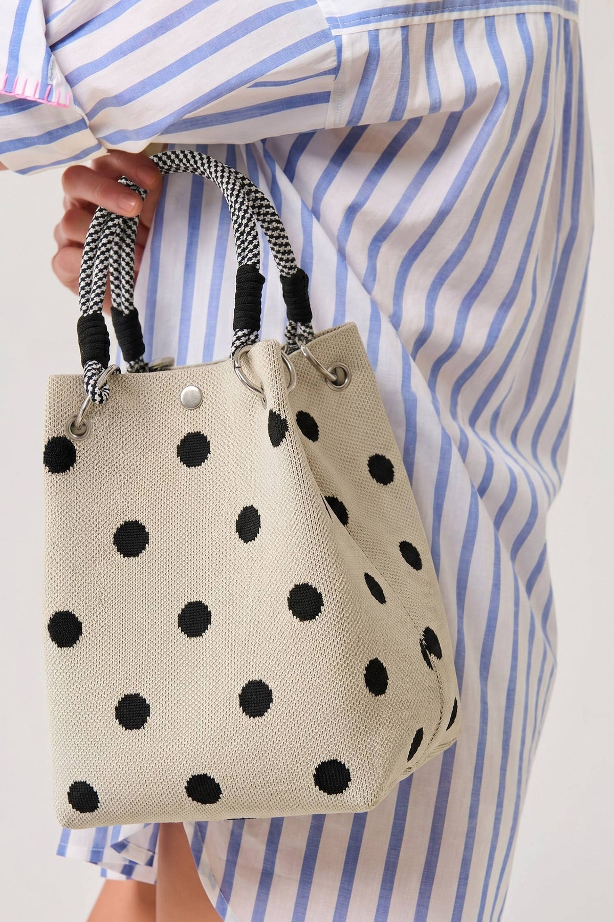 Polka Dot Canvas Tote Bag with Wrapped Handles 9"*9"*6.3": White / ONE SIZE
