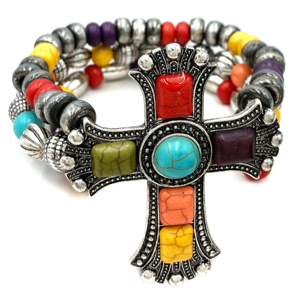 Large Cross Turquoise Stone Western Chunky Beaded Bracelet: Multicolor