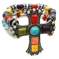 Large Cross Turquoise Stone Western Chunky Beaded Bracelet: Multicolor