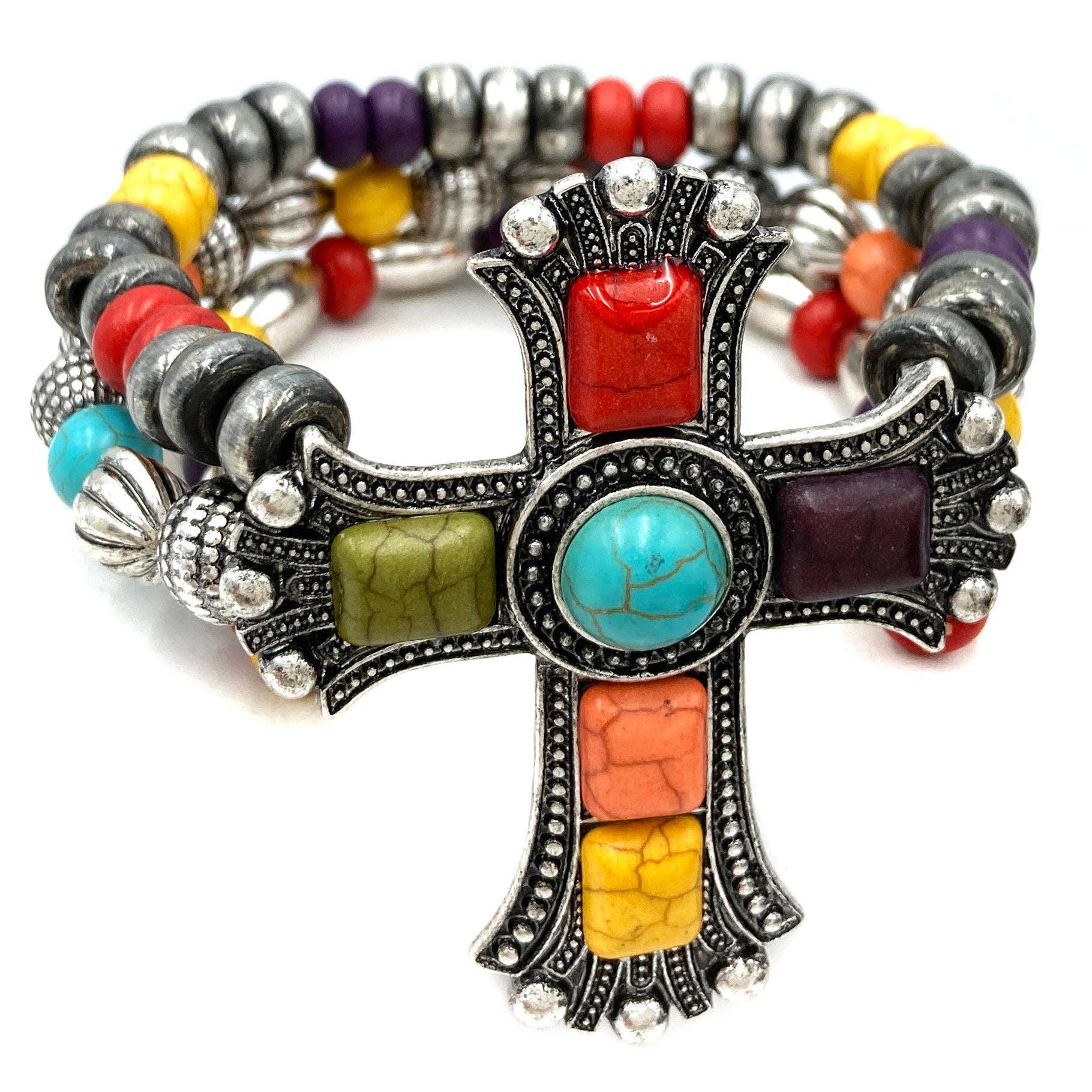 Large Cross Turquoise Stone Western Chunky Beaded Bracelet: Multicolor