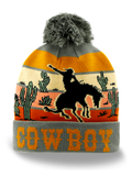 Cowboy Western Adventure Knit Beanie Pom Winter Hat for Travelers: Grey