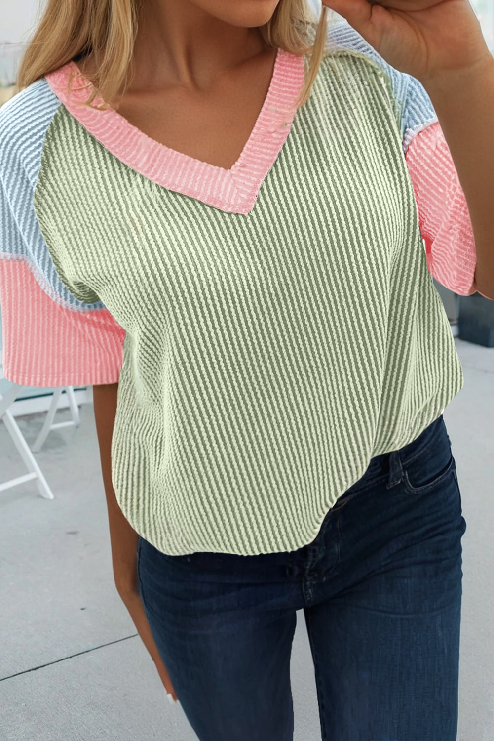 66 Color Block V Neck Ribbed Knit Short Sleeve Top (S-XL): Blue / L