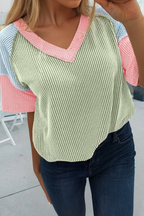 66 Color Block V Neck Ribbed Knit Short Sleeve Top (S-XL): Blue / XL