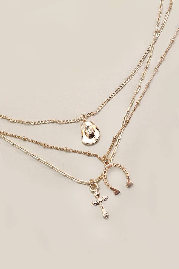 TRIO LAYER HORSESHOE HAT CROSS CHARM NECKLACE | 80N436: Gold