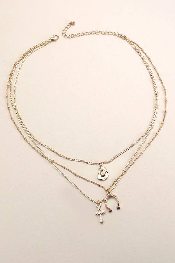 TRIO LAYER HORSESHOE HAT CROSS CHARM NECKLACE | 80N436: Gold