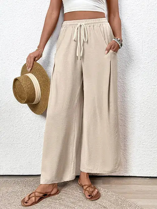 Apricot Casual Wide Leg Drawstring Pocket